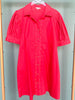 Red Collared Button Down Swirl Trim Short Puff Sleeve Dress