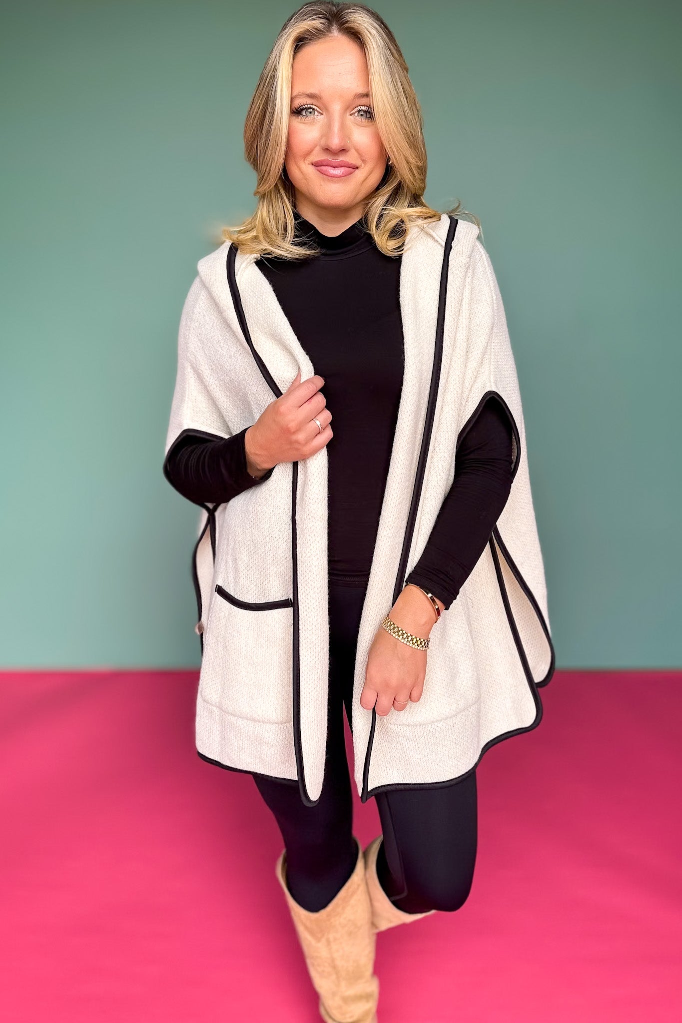 Ivory Hooded Poncho Wrap with Pockets