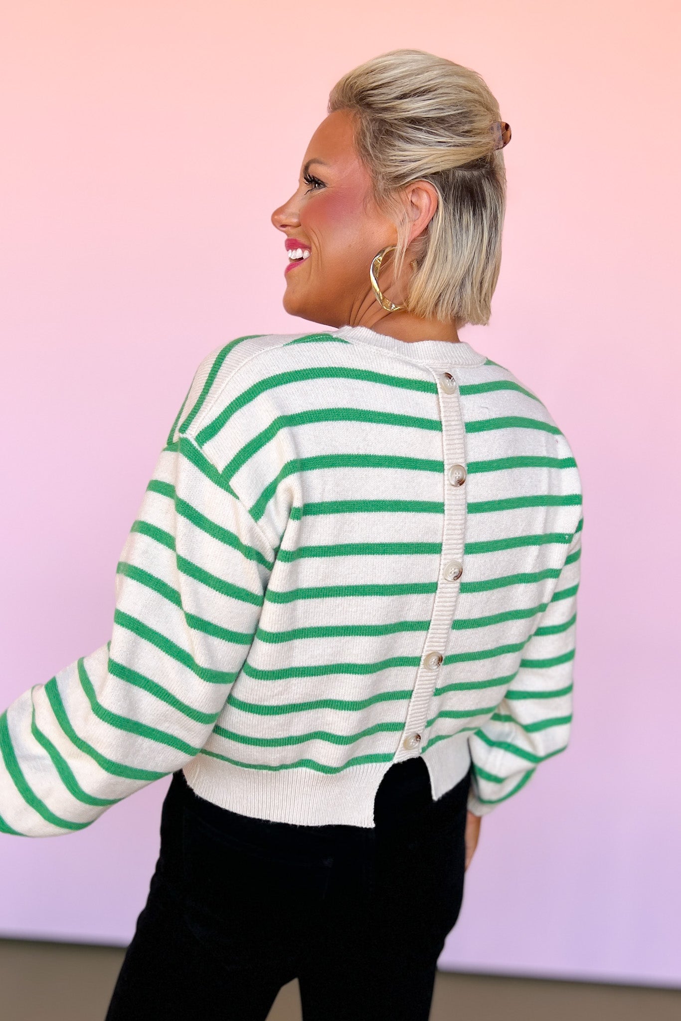 Green Knit Stripe Back Button Design Sweater, simplet fall top, perfect fall top , in style fall top, basic fall top, button down back detail, detailed back top, elevated basics ssys by mallory fitzsimmons 