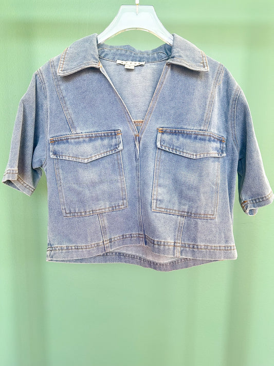 Denim Collared V Neck Front Flap Pockets Top