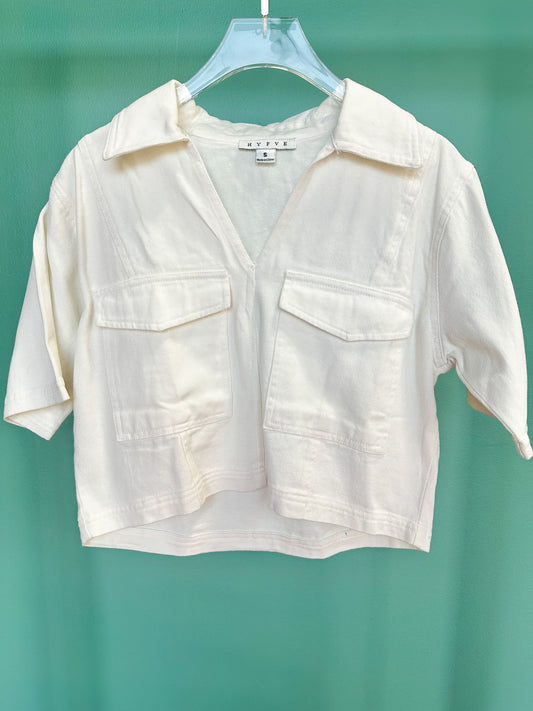 White Denim Collared V Neck Front Flap Pockets Top *FINAL SALE*