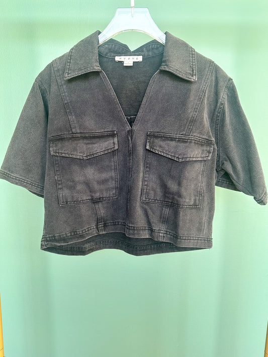 Black Denim Collared V Neck Front Flap Pockets Top *FINAL SALE*