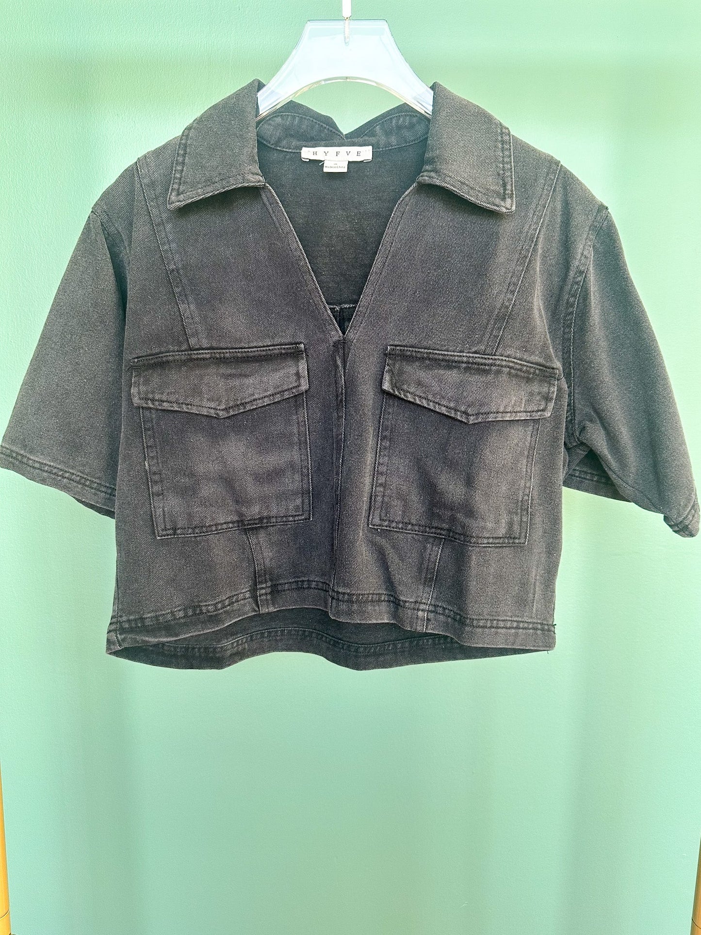 Black Denim Collared V Neck Front Flap Pockets Top *FINAL SALE*