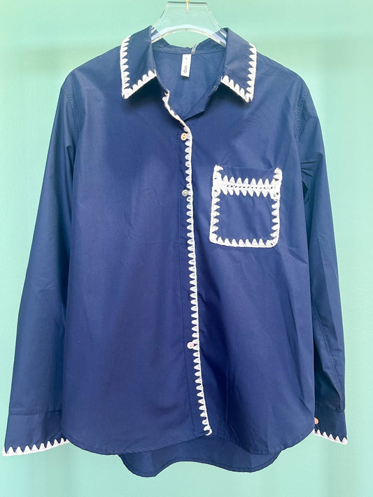 Navy Collared Button Down Embroidered Trim Top *FINAL SALE*