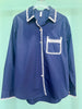 Navy Collared Button Down Embroidered Trim Top *FINAL SALE*
