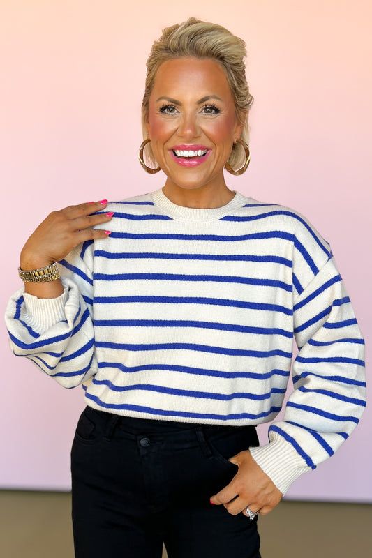 Blue Knit Stripe Back Button Design Sweater, falll sweater, simple fall sweater, cozy sweater, basic sweater, basic fall sweater, perfect basic fall top, chic fall top, elevated basics, SSYS by mallory fitzsimmons 