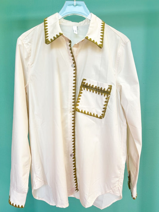 Cream Collared Button Down Embroidered Trim Top *FINAL SALE*