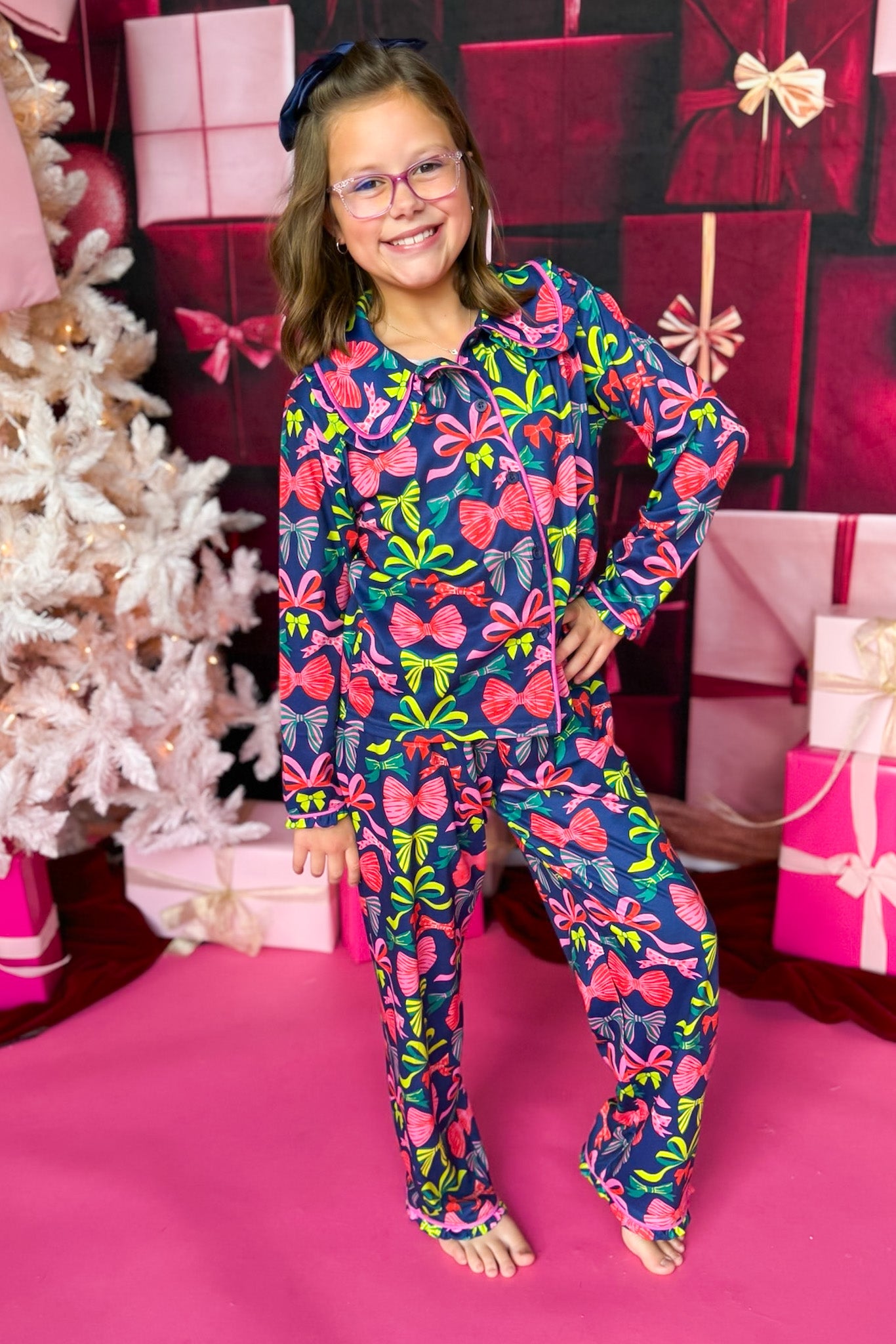 SSYS Kids Millie Long Sleeve Navy Bows Pajamas Set