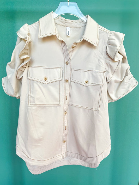 Cream Collared Button Down Ruffle Sleeve Top *FINAL SALE*