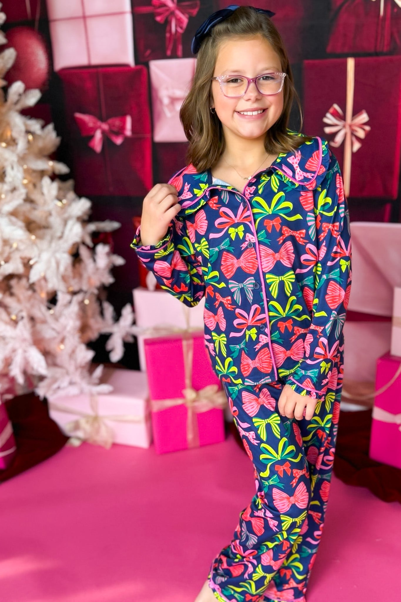 SSYS Kids Millie Long Sleeve Navy Bows Pajamas Set