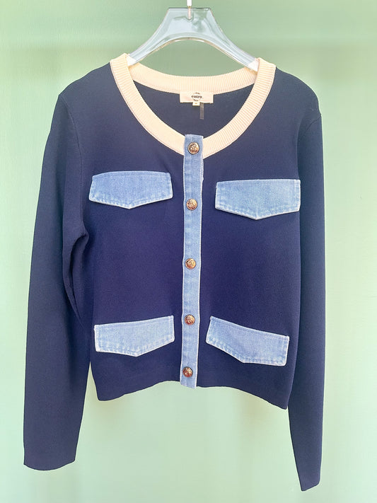 Navy Long Sleeve Contrast Denim Front Button Pocket Flap Cardigan Top *FINAL SALE*