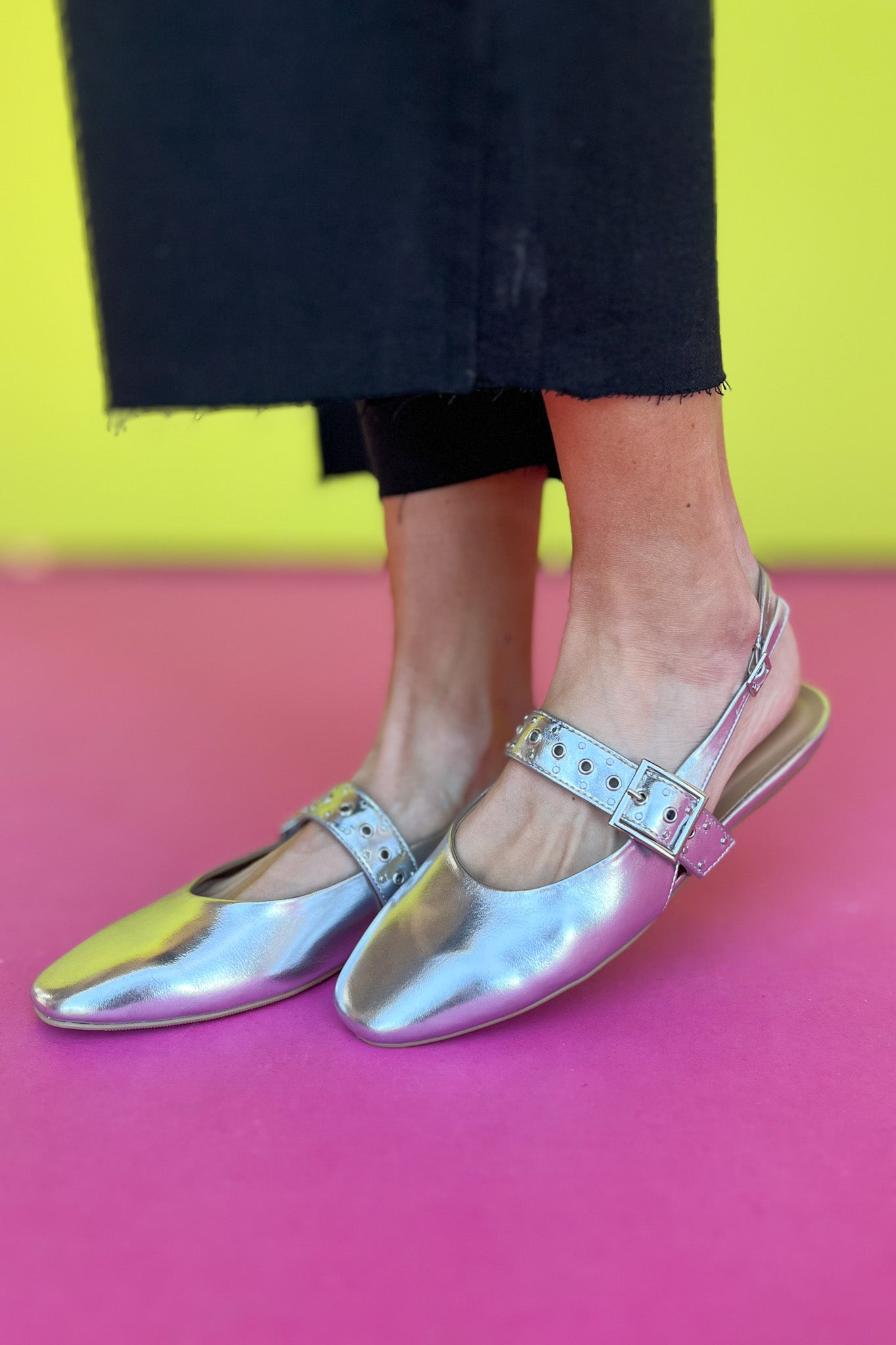 Silver Metallic Buckle Slingback Shoes