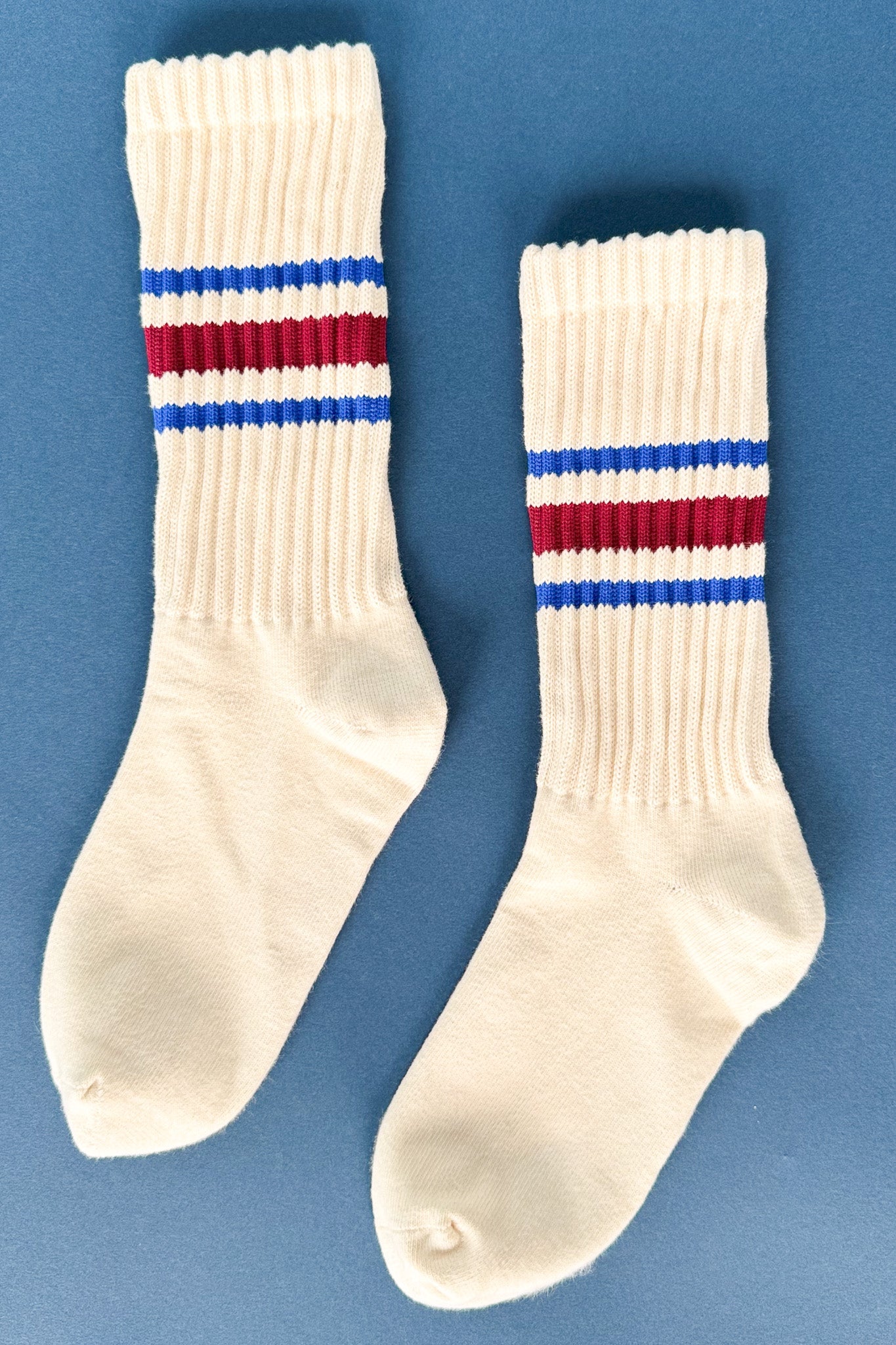 Red Blue Stripe Cream Chunky Knit Socks