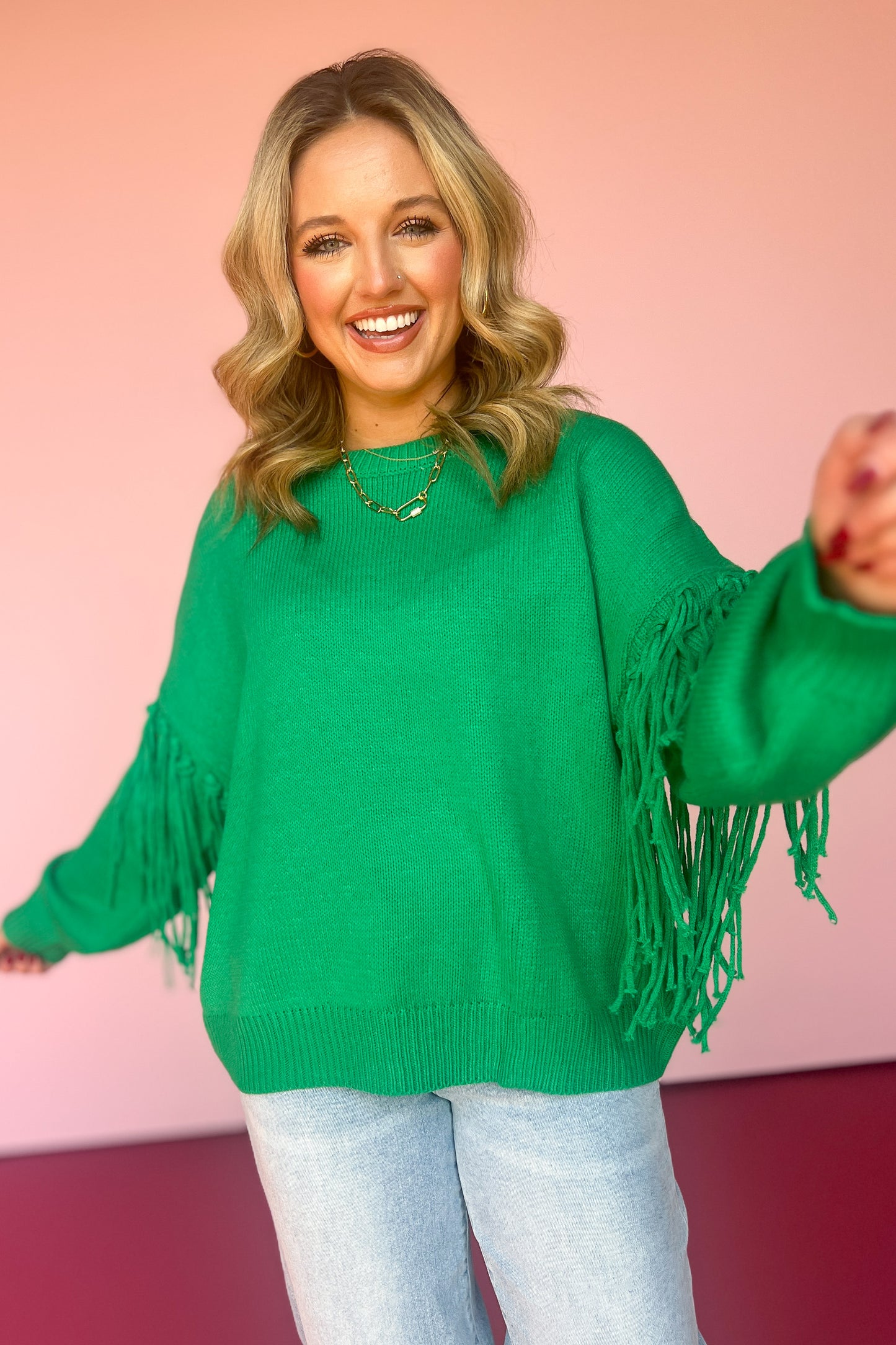 Kelly Green Fringe Sleeve Detail Crew Neck Sweater