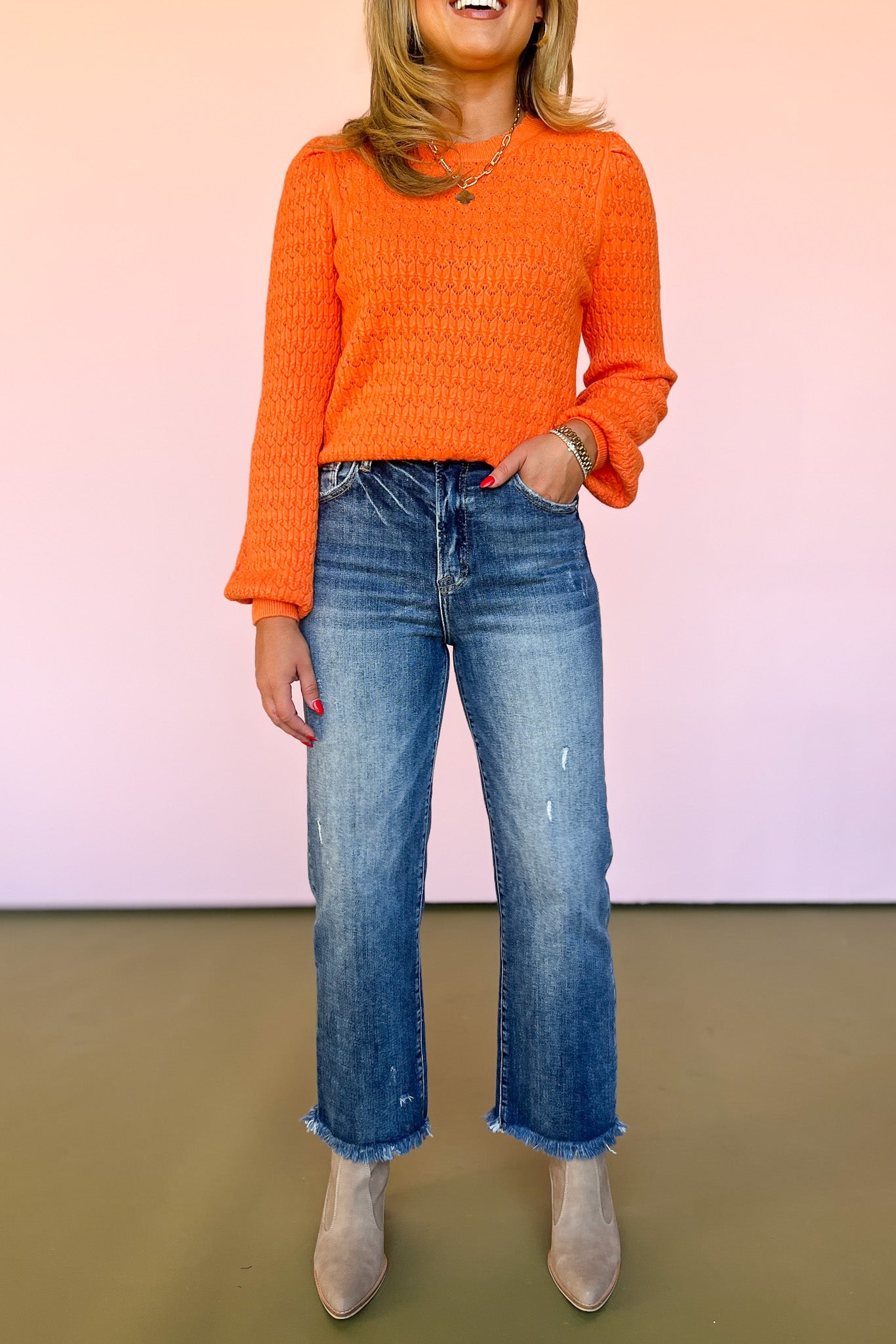 Orange Puff Sleeve Scalloped Neck Pointelle Sweater, perfect fall sweater, light fall sweater, orange sweater, fabric detail sweater, pointelle sweater, textured sweater, SSYS by mallory fitzsimmons 