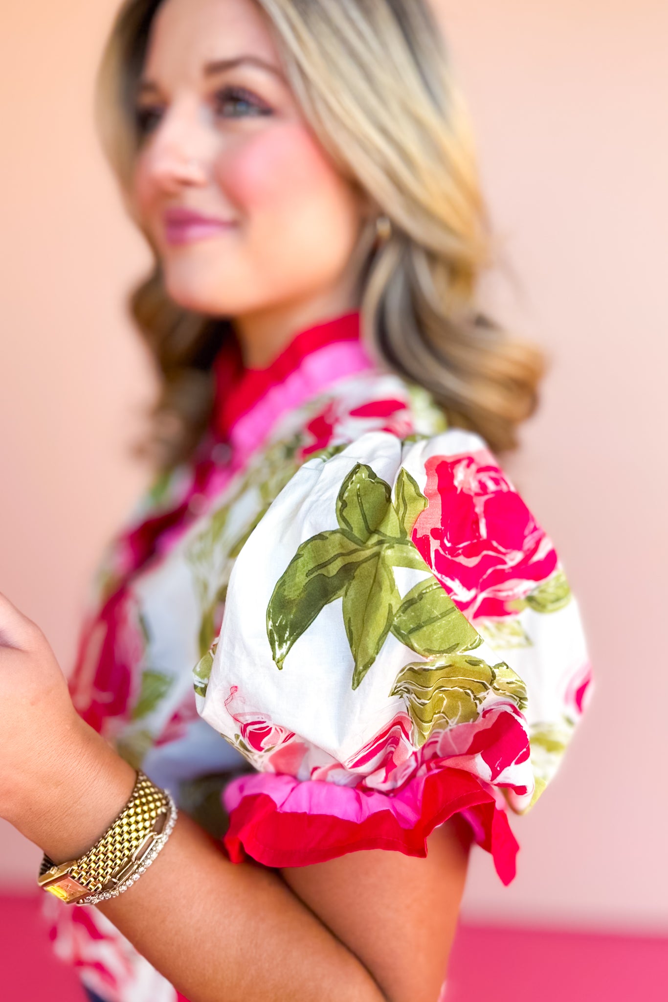 Pink Floral Contrast Band Ruffle Detail Top, new arrivals, floral top, unique, spring style, boutique clothes, easy to wear, trend right, mom style, work to weekend, ssys by mallory fitzsimmons