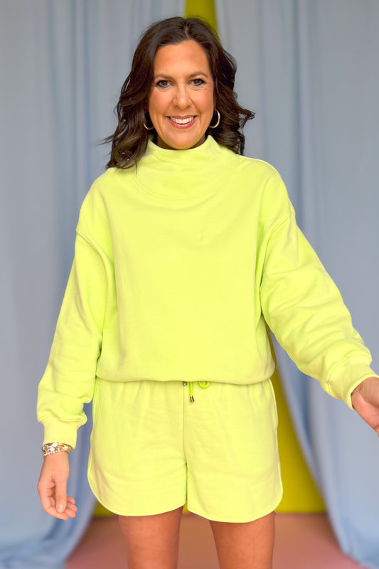 SSYS Wesley Mock Neck Pullover Shorts Set In Lime, cozy, lounge wear, elevated, comfy, exclusive design, ssys by mallory fitzsimmons