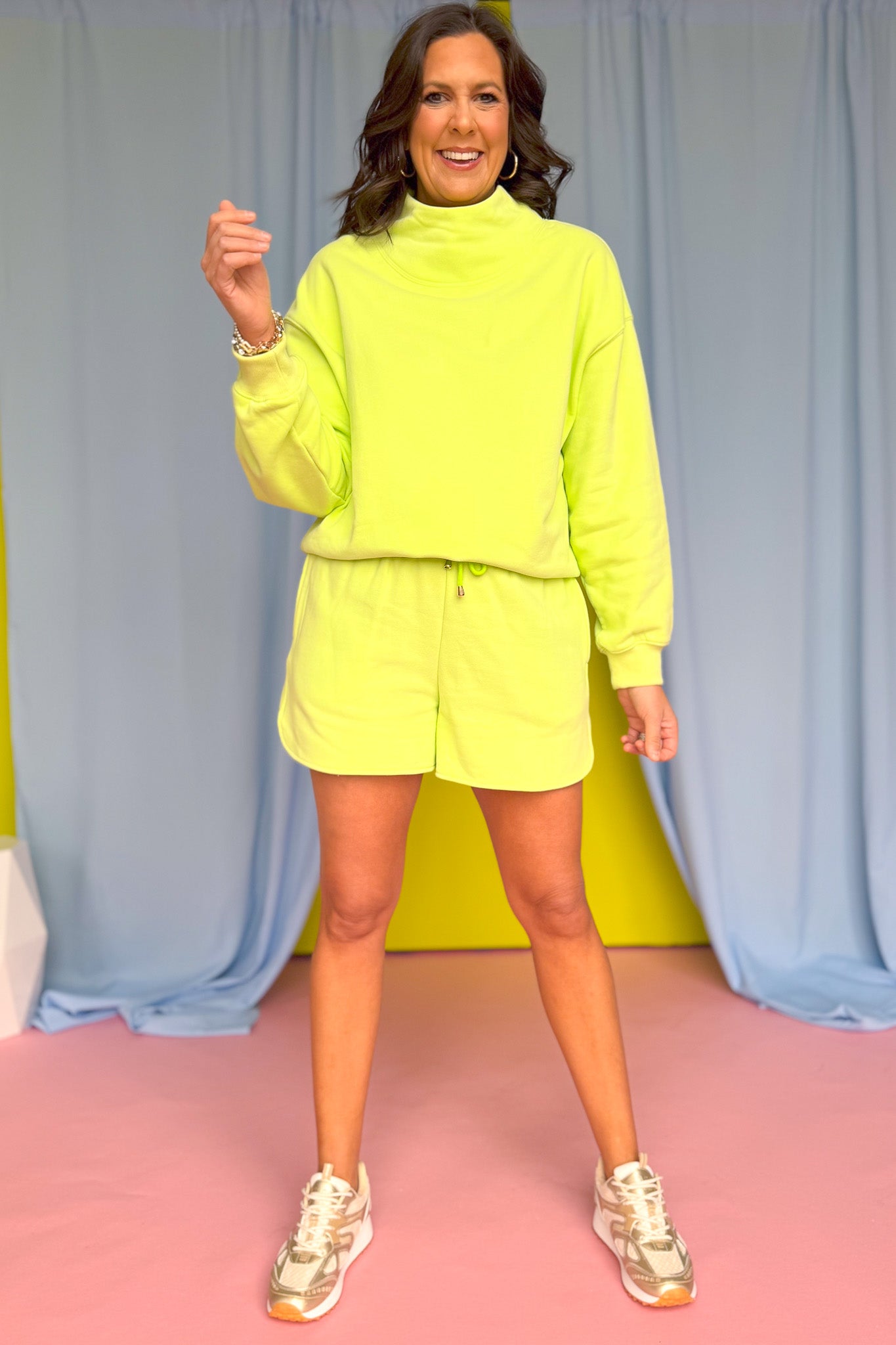 SSYS Wesley Mock Neck Pullover Shorts Set In Lime, cozy, lounge wear, elevated, comfy, exclusive design, ssys by mallory fitzsimmons