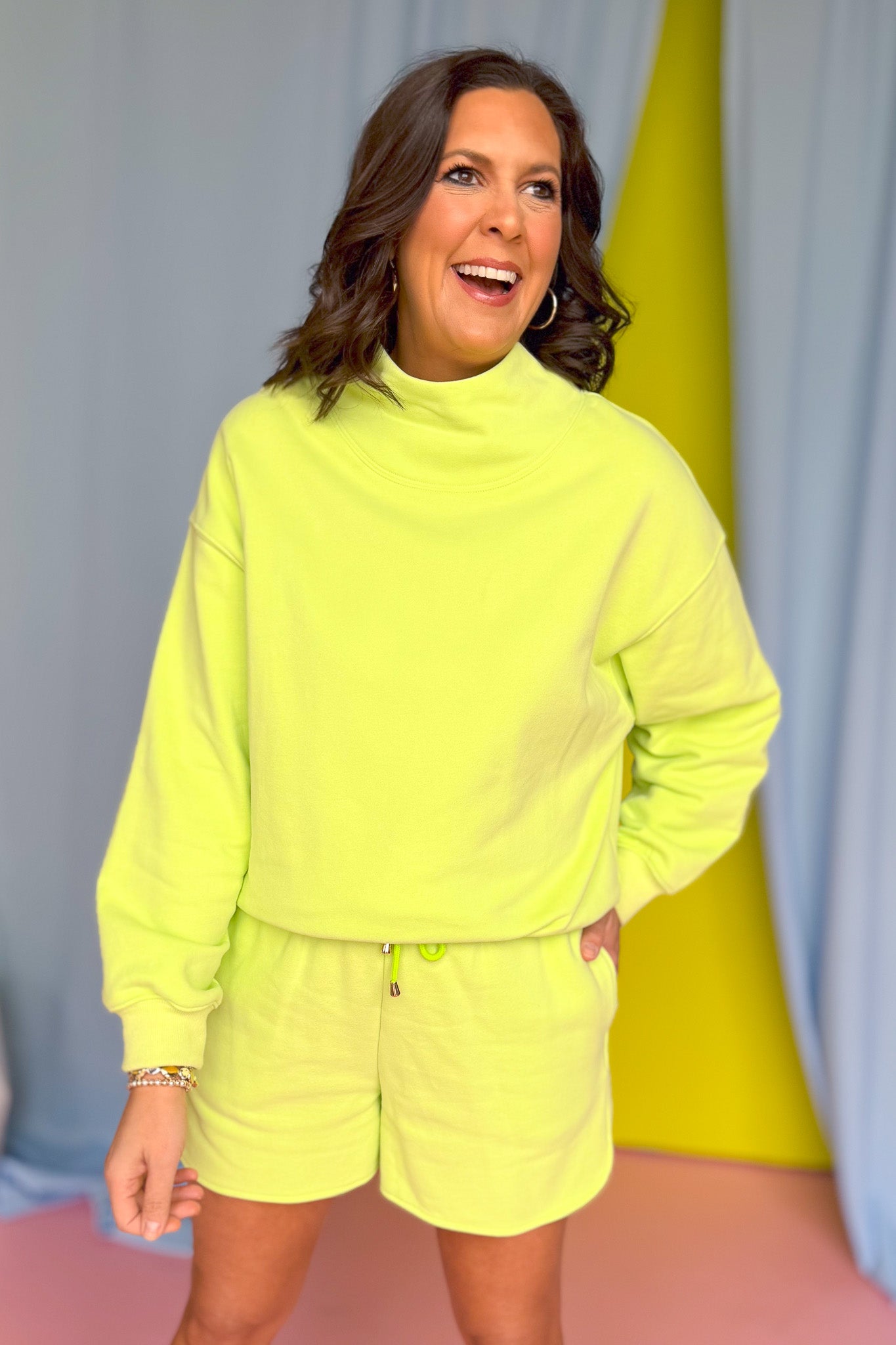 SSYS Wesley Mock Neck Pullover Shorts Set In Lime, cozy, lounge wear, elevated, comfy, exclusive design, ssys by mallory fitzsimmons