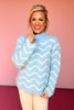 Powder Blue Wavy Stripe Stitched Knit Scallop Hem Sweater