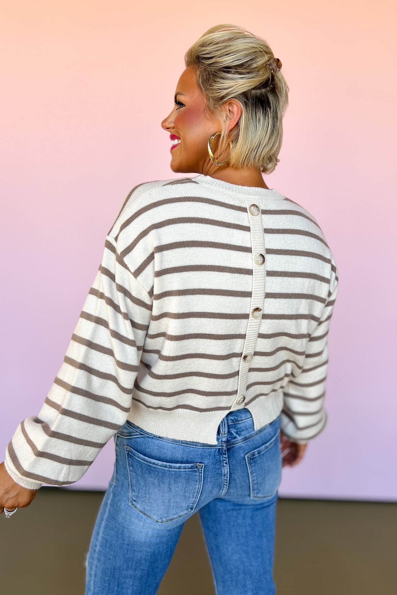 Tan Knit Stripe Back Button Design Sweater, Fun casual sweater, casual fall sweater, stripe fall sweater, perfect fall sweater, stripe top, perfect fall top, SSYS by mallory fitzsimmons