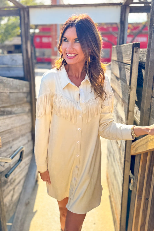 SSYS Jolene Suede Fringe Dress In Ivory