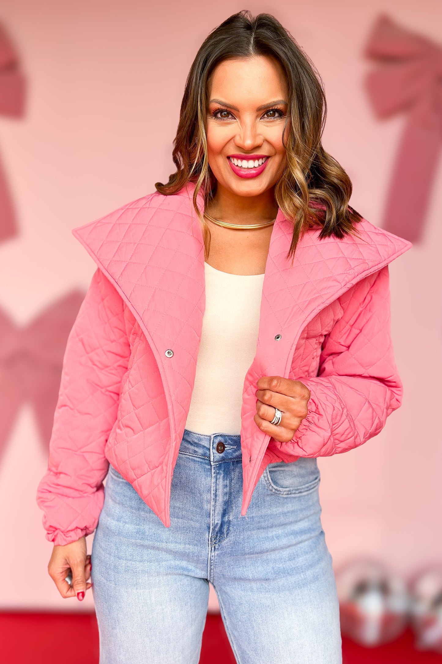 Pink Quilted Puff Jacket, easy layer, bubblegum pink, cropped jacket, easy to wear, pop of color, athleisure, everyday wear, must have, boutique style, ssys by mallory fitzsimmons