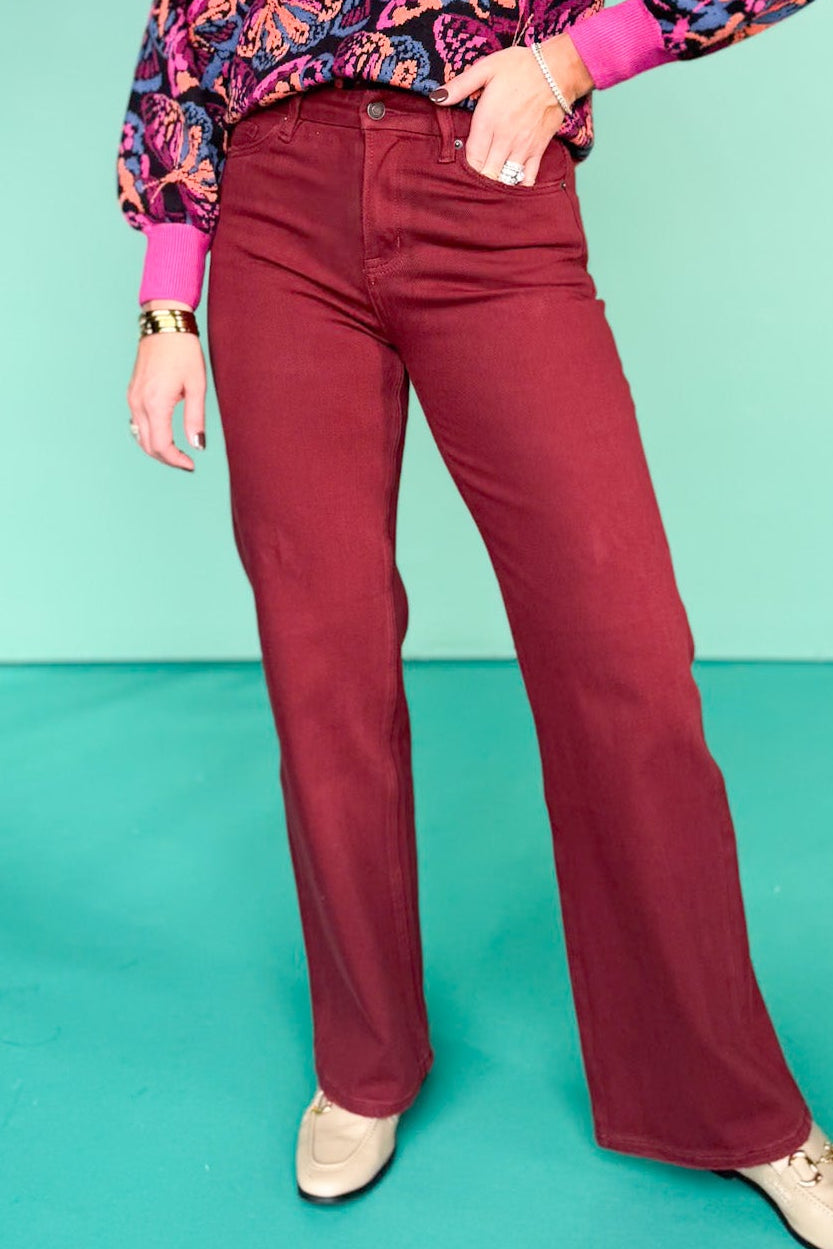 Mica Deep Burgundy High Rise Wide Leg Jeans