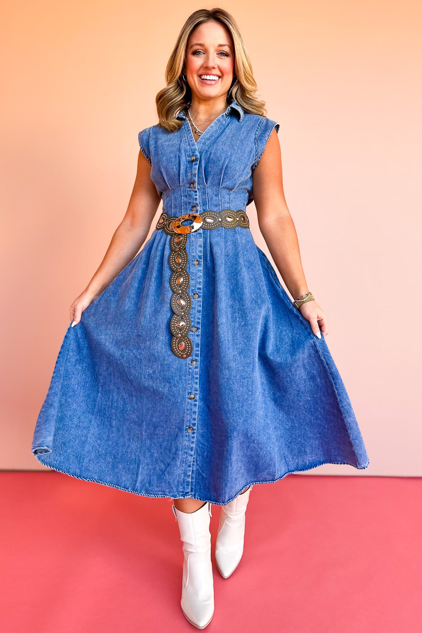 Denim Collared V Neck Cinched Waist Sleeveless Dress