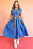 Denim Collared V Neck Cinched Waist Sleeveless Dress *FINAL SALE*