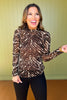 Brown Animal Print High Neck Fitted Sheer Mesh Lace Knit Top