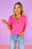 Fuchsia 3/4 Puff Sleeve Split Cuff Top, v-neck, work top, church top, date night, feminine, elevated, ssys by mallory fitzsimmons