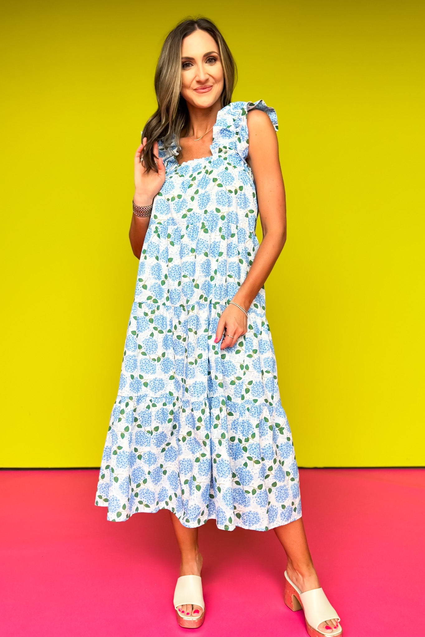 THML Blue Floral Print Tiered Maxi Dress
