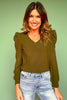 SSYS Sarah V Neck Long Puff Sleeve Top In Olive