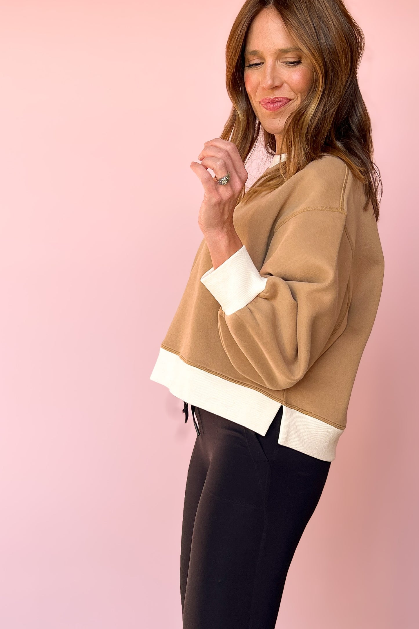 ssys the sloan pullover, mom on the go, athleisure wear, ivory, tan, throw on and go, cozy, chic, elevated basic, oversized sweatshirt, colorblock, easy to wear, fun, bright, elevated pullover, ssys by mallory fitzsimmons