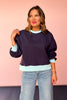 ssys the sloan pullover, mom on the go, athleisure wear, navy, baby blue, throw on and go, cozy, chic, elevated basic, oversized sweatshirt, colorblock, easy to wear, fun, bright, elevated pullover, ssys by mallory fitzsimmons