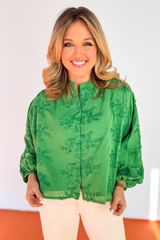 Green Embroidered Detail Button Down Top *FINAL SALE*