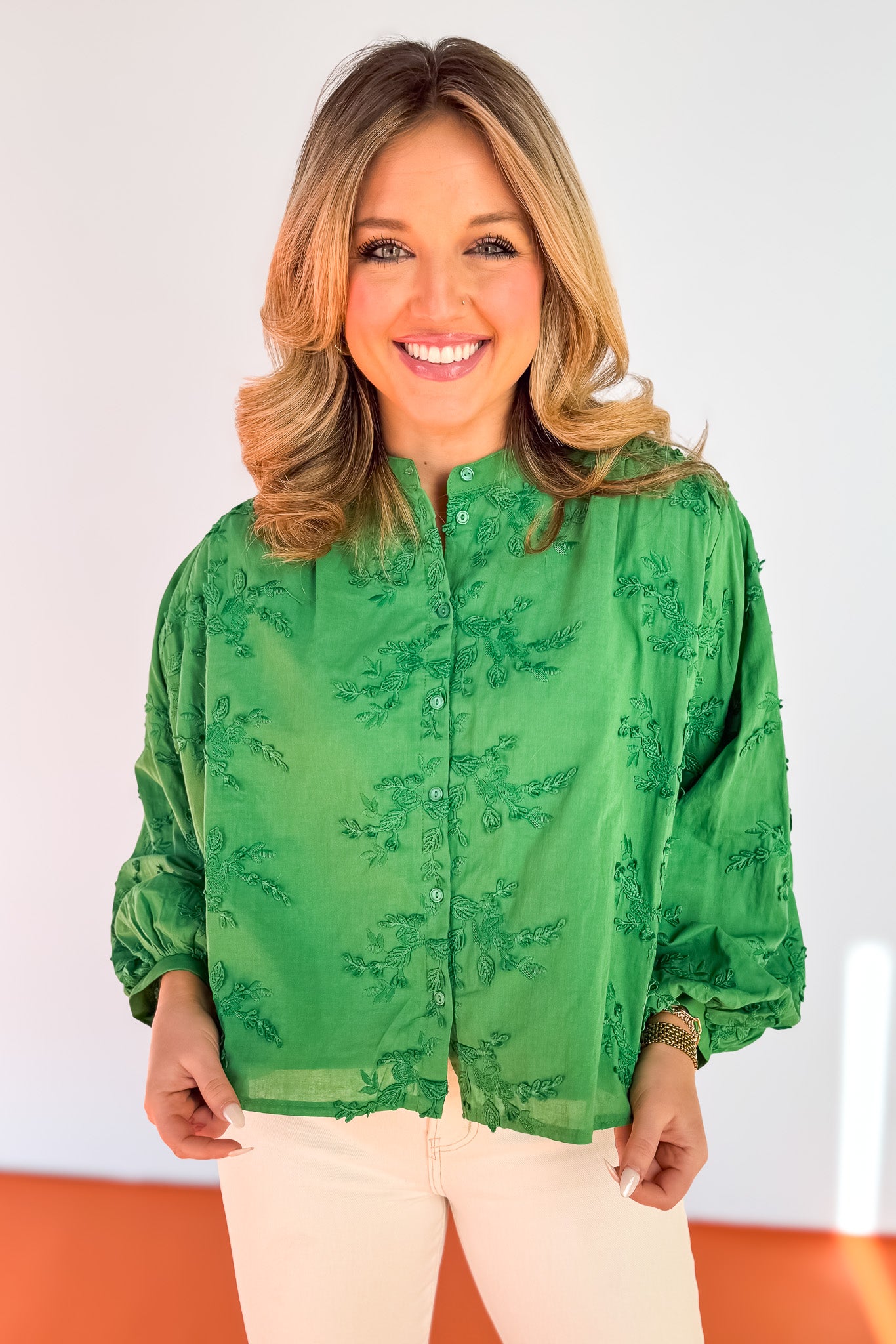 Green Embroidered Detail Button Down Top