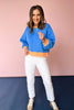 ssys the sloan pullover, mom on the go, athleisure wear, royal blue, orange, throw on and go, cozy, chic, elevated basic, oversized sweatshirt, colorblock, easy to wear, fun, bright, elevated pullover, ssys by mallory fitzsimmons