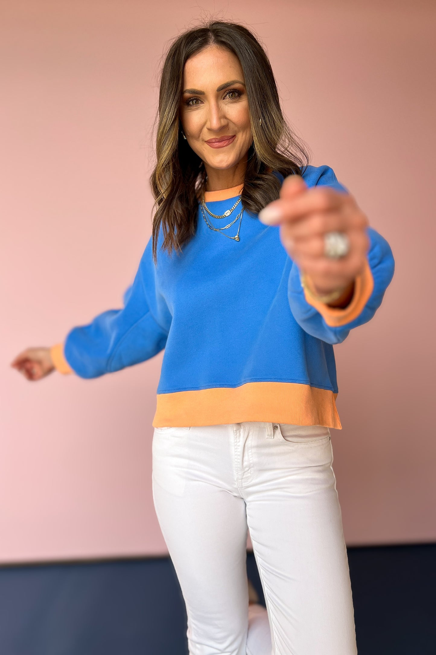 ssys the sloan pullover, mom on the go, athleisure wear, royal blue, orange, throw on and go, cozy, chic, elevated basic, oversized sweatshirt, colorblock, easy to wear, fun, bright, elevated pullover, ssys by mallory fitzsimmons