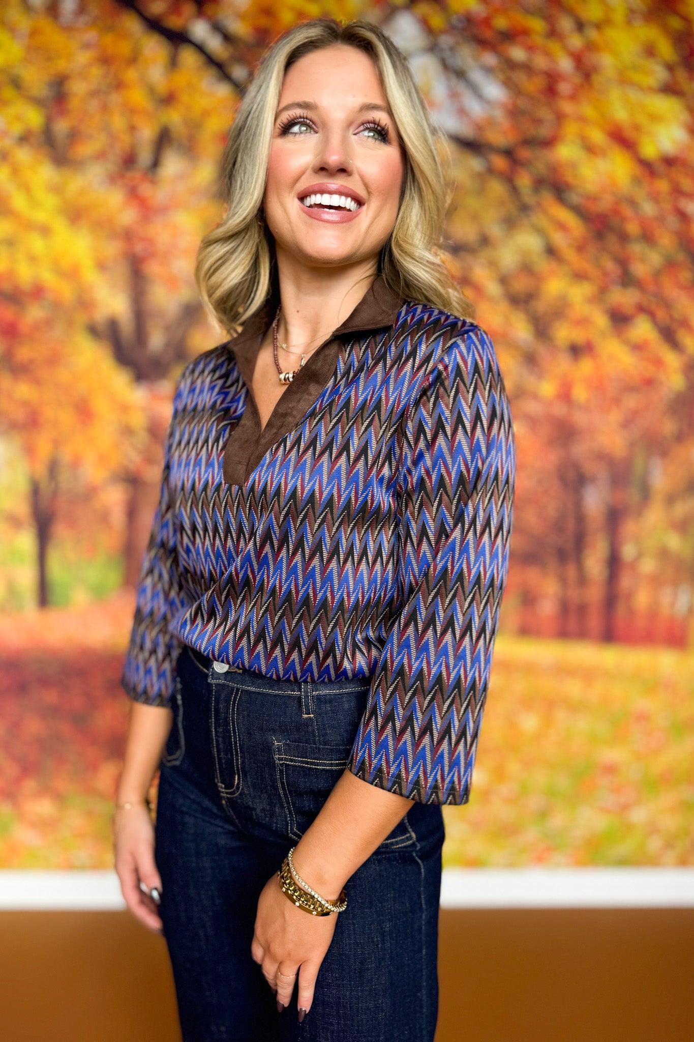 SSYS Dakota Mixed Media Suede Collar Top In Royal