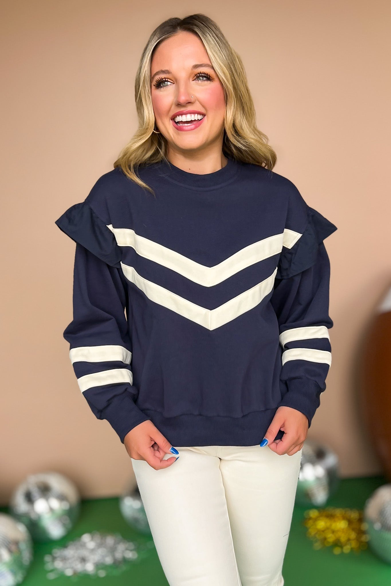  Navy Contrast Stripe Ruffle Detail Sweatshirt, gameday style, gameday top, must have top, must have style, fall style, fall fashion, elevated style, elevated top, mom style, shop style your senses by mallory fitzsimmons, ssys by mallory fitzsimmons