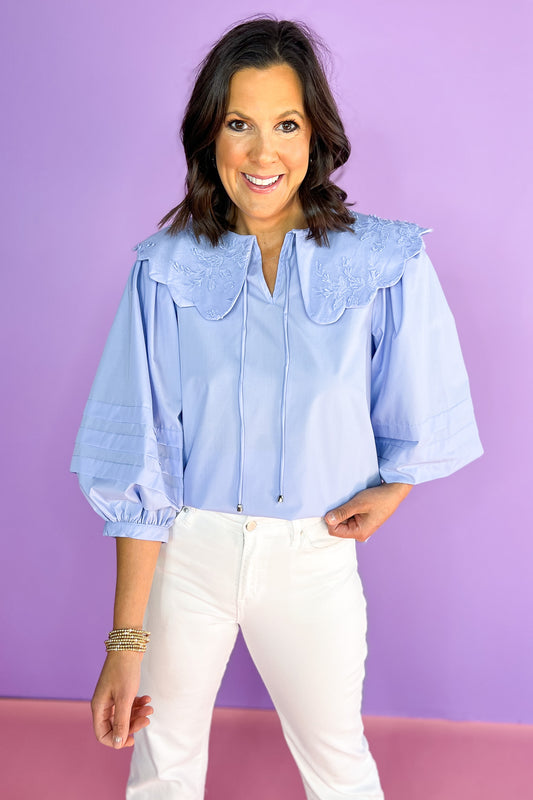 Blue V Neck Scallop Oversized Collar Top, collar string details, lace details, floral design, work top, church top, sophisticated, elevated, ssys by mallory fitzsimmons