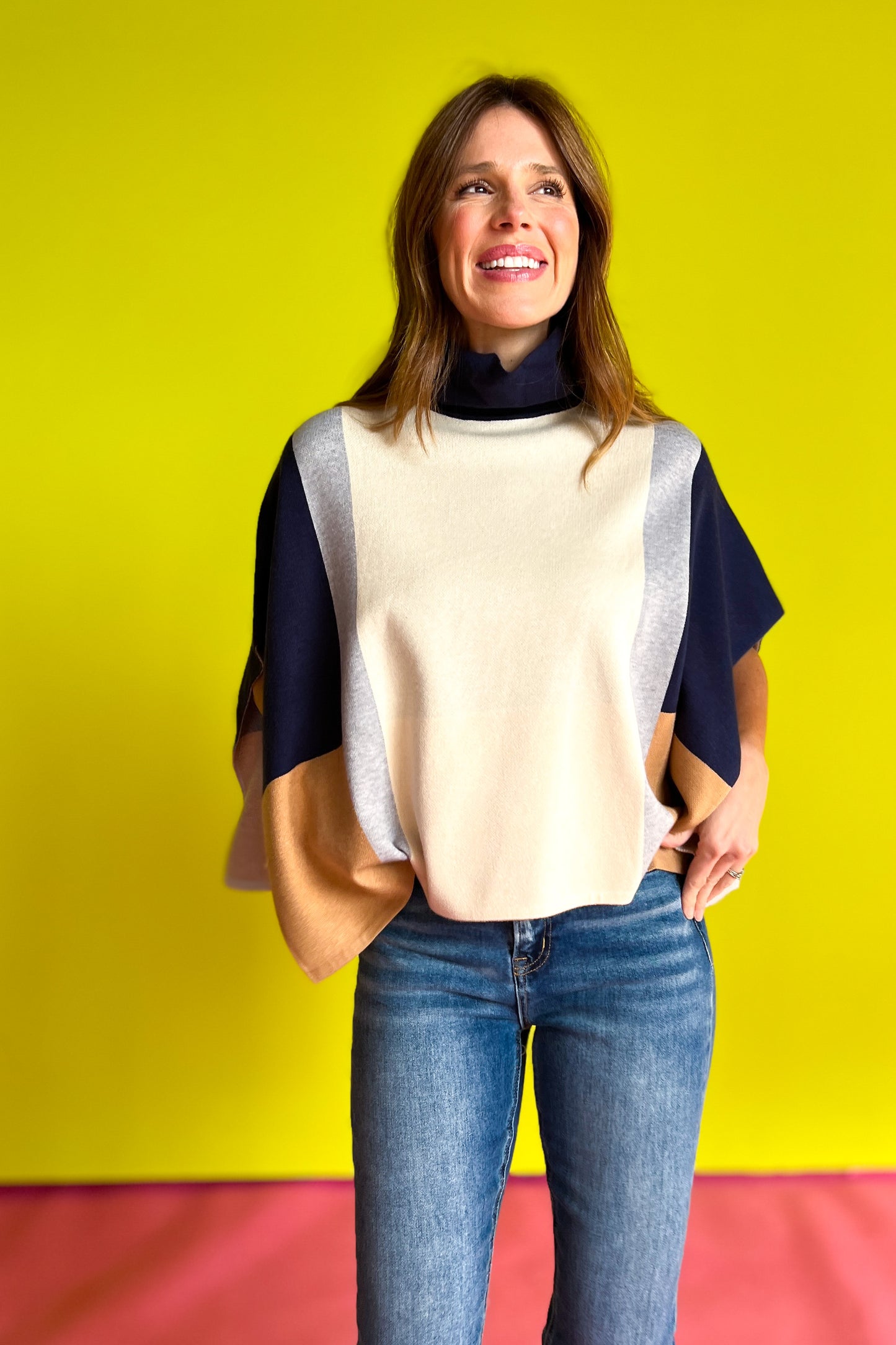 THML Navy Colorblock High Neck Open Side Poncho