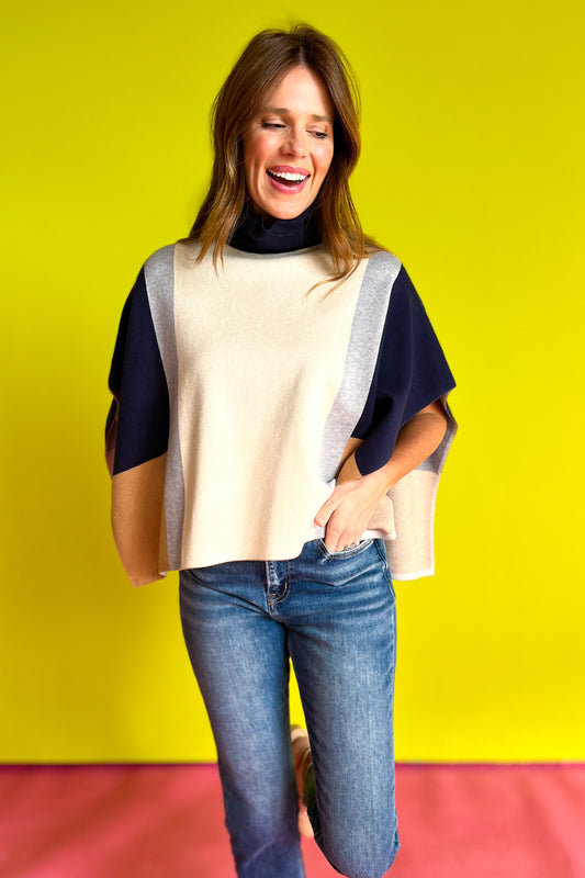 THML Navy Colorblock High Neck Open Side Poncho