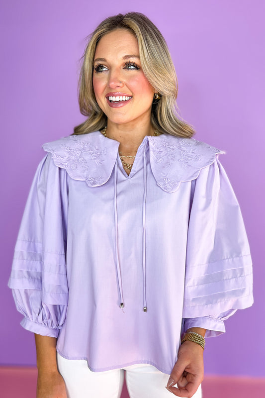 Lavender V Neck Scallop Oversized Collar Top, collar string details, lace details, floral design, work top, church top, sophisticated, elevated, ssys by mallory fitzsimmons