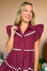  Burgundy Collared Double Ruffle Sleeve Tie Side Detail Button Down Dress, must have dress, must have style, gameday style, brunch style, fall fashion, elevated style, elevated style, mom style, shop style your senses by mallory fitzsimmons, ssys by mallory fitzsimmons