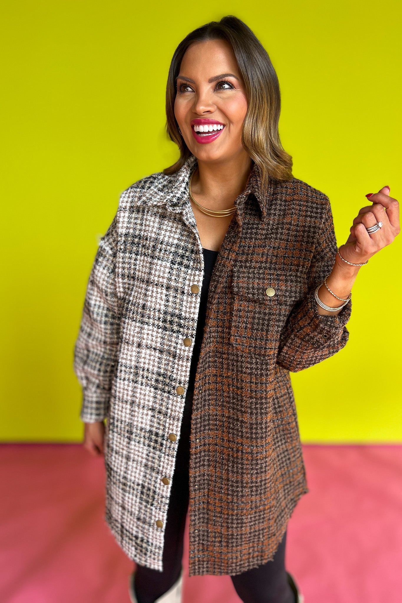 Brown Tweed Split Plaid Shacket, button detail, pocket detail, outerwear, layering top, unique, warm, date night, work top, church top, ssys by mallory fitzsimmons