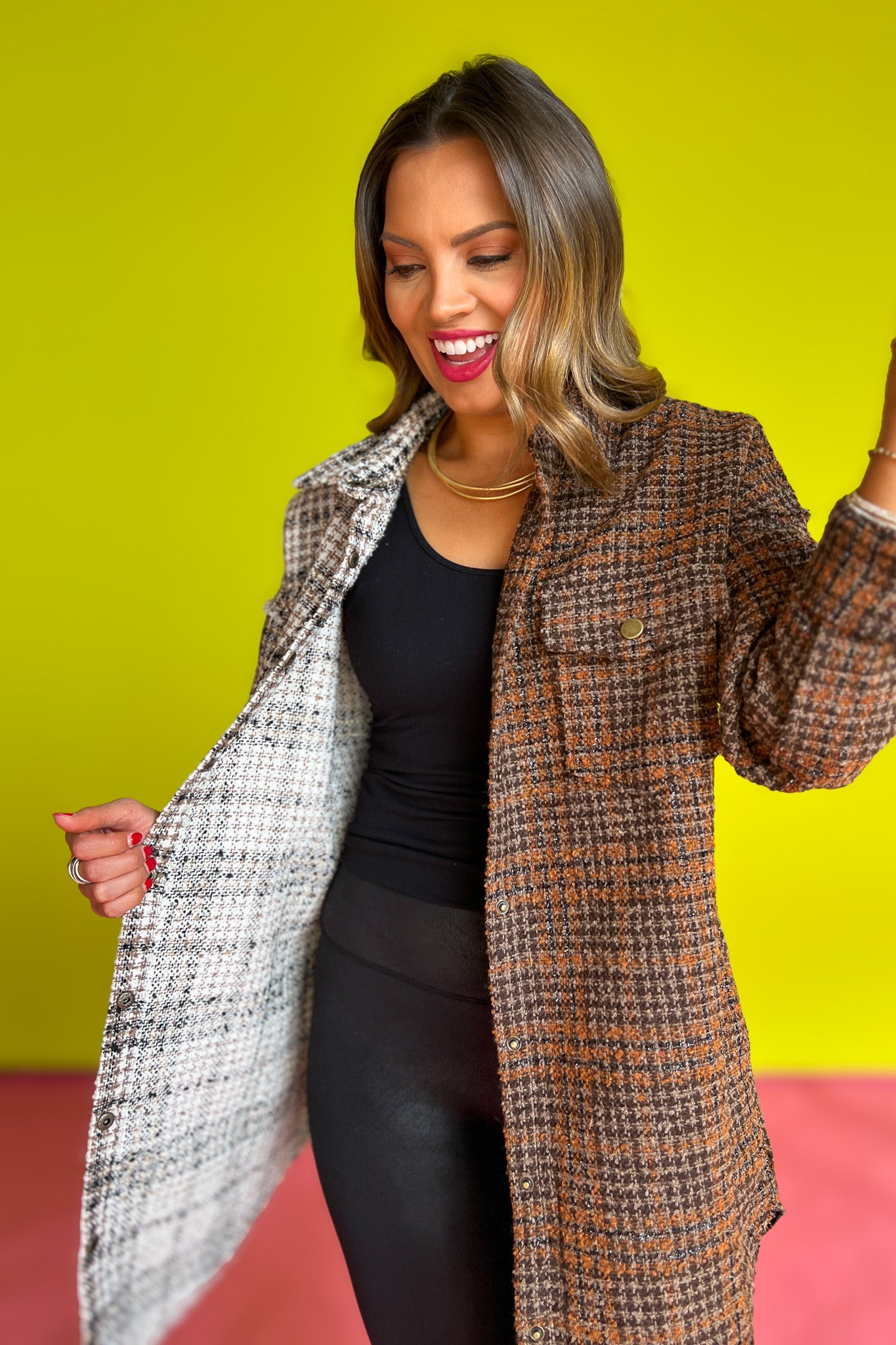 Brown Tweed Split Plaid Shacket, button detail, pocket detail, outerwear, layering top, unique, warm, date night, work top, church top, ssys by mallory fitzsimmons