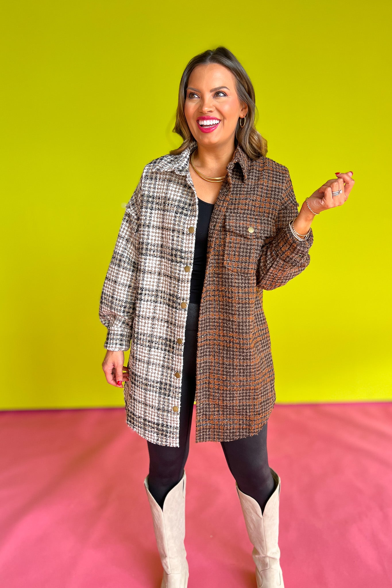 Brown Tweed Split Plaid Shacket, button detail, pocket detail, outerwear, layering top, unique, warm, date night, work top, church top, ssys by mallory fitzsimmons